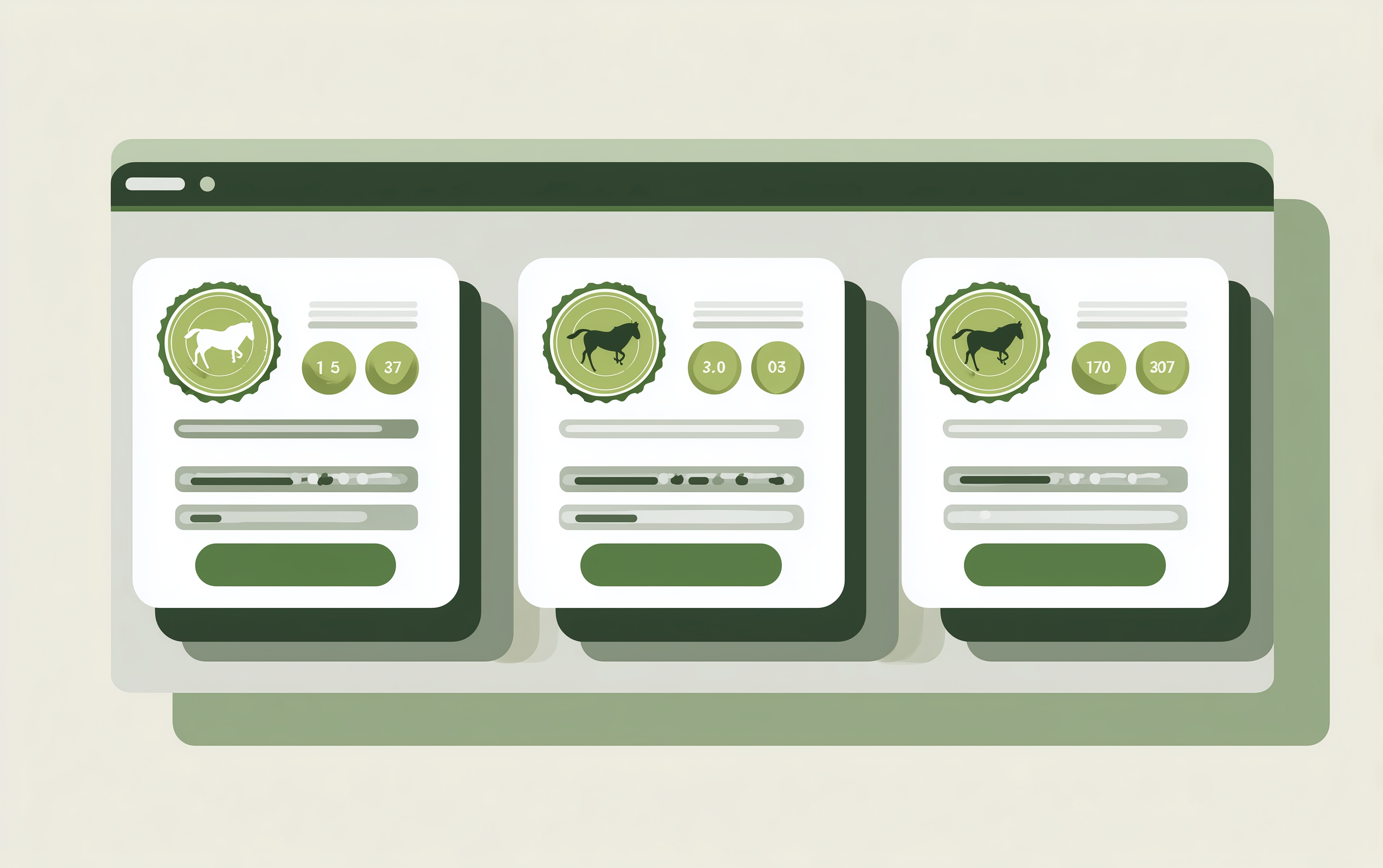 Flat UI illustration of three horse-racing selection cards in a row, each with a circular quality score badge showing a numeric rating and odds
